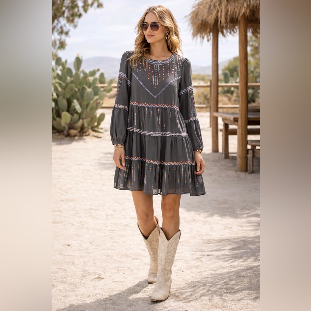 Savanna Jane Embroidered Boho-Western-Festival Peasant Midi Dress in Grey~Size M